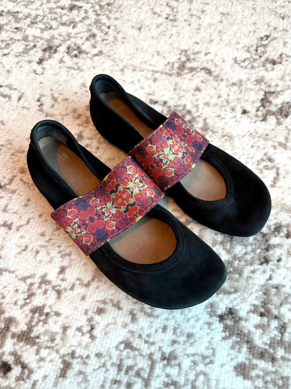 Camper Right Nina Ballerina Mary Jane Suede Black Flats With Strap